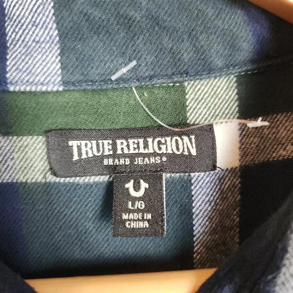 True Religion Shirt Dress Womens Large Green Plaid Flannel Button Down Tie Front - Picture 2 of 10
